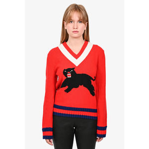 Gucci 2017 Red Wool Panther V-Neck Sweater Size S